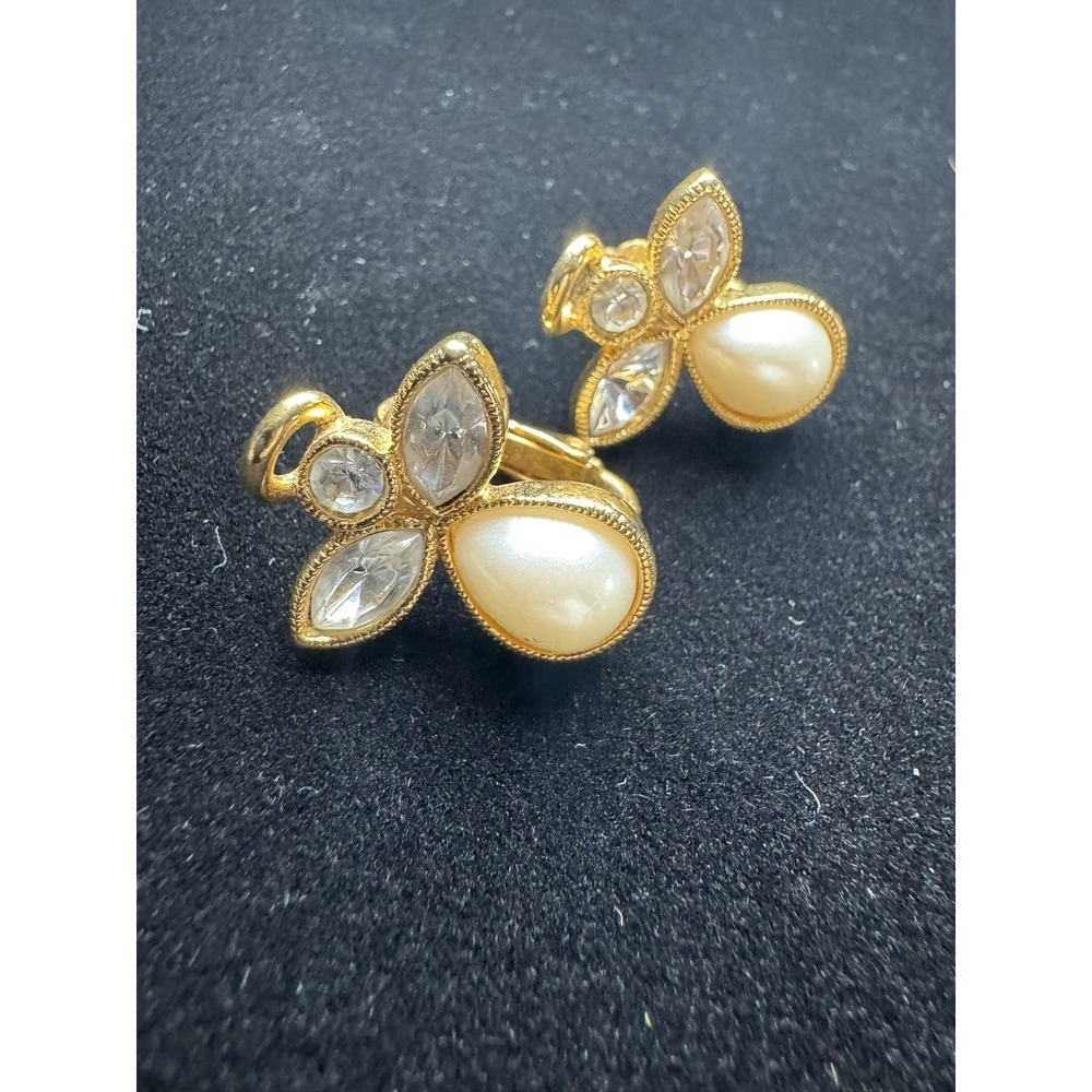 Vintage AVON Clear Rhinestone Faux Pearl Angel Clip On Earrings
